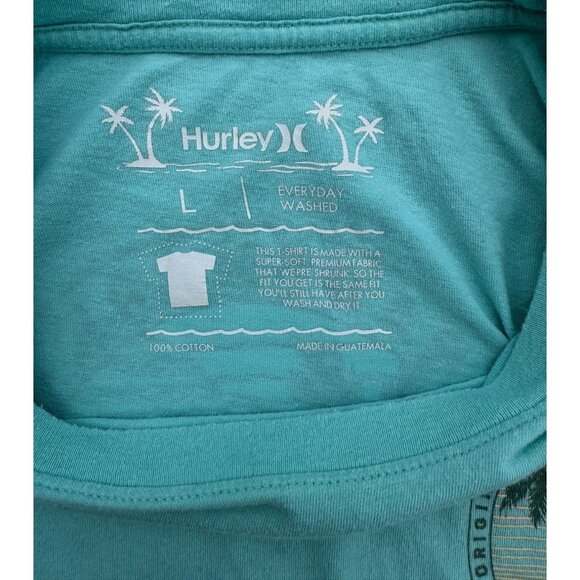 Hurley Mens Everyday Washed T-Shirt L 100% Cotton Turquoise Graphic Tee Palm Tre - Picture 3 of 6